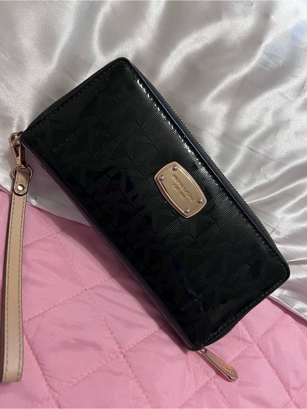 Michael Kors Black Patent Wristlet with Pink Strap